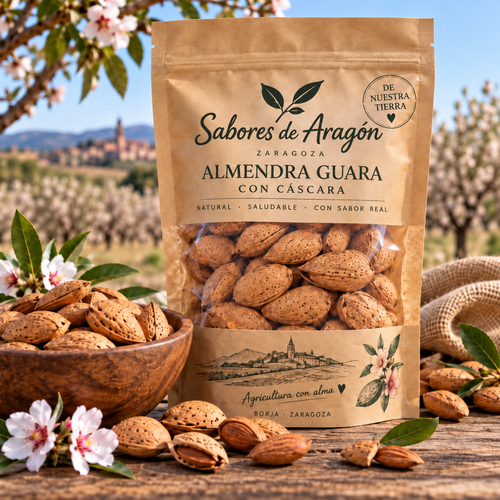 Diseño ilustrativo del envase de almendras de Sabores de Aragón