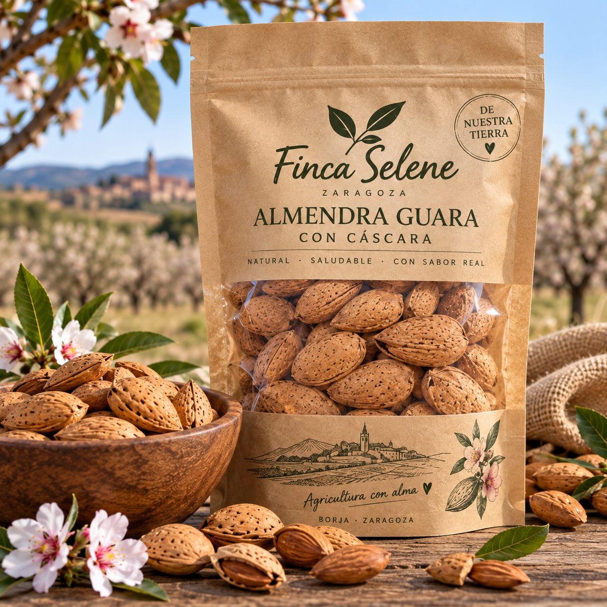 Diseño ilustrativo del envase de almendras de Sabores de Aragón